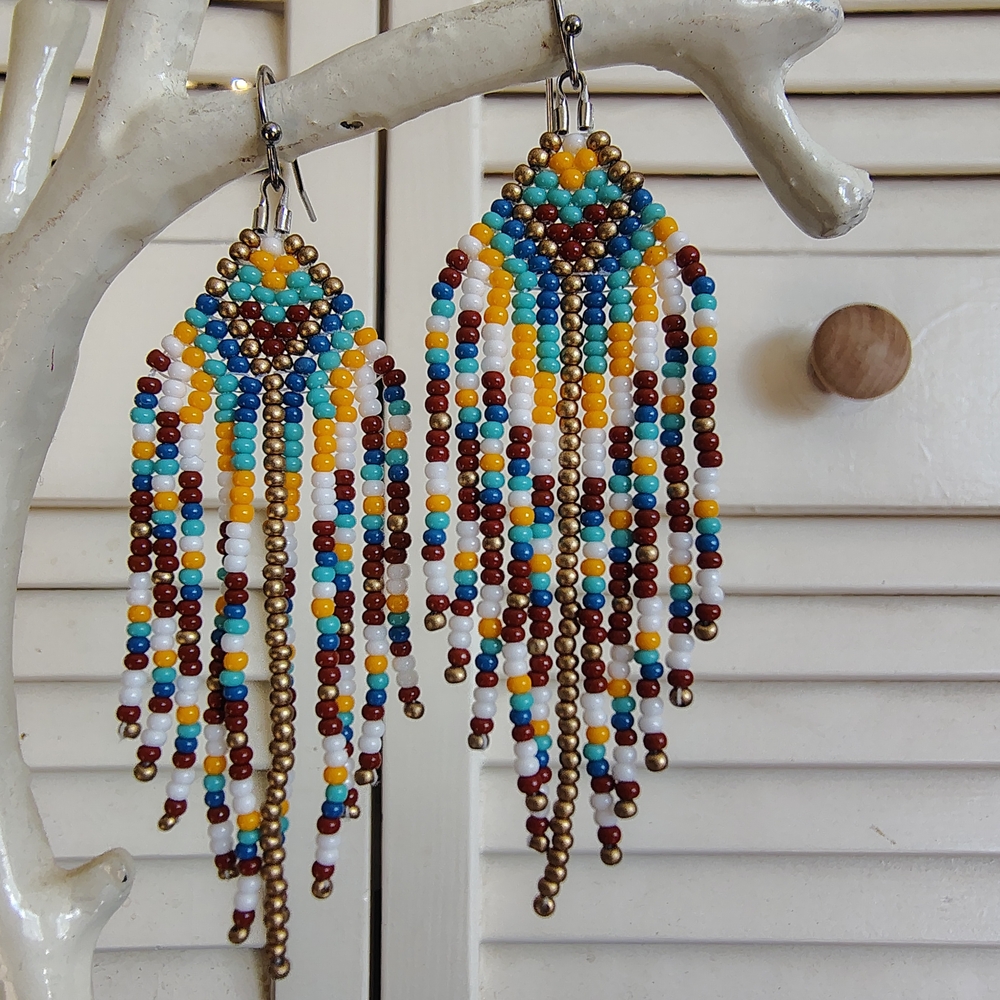 Handmade Bohemian Beaded Fringe Earrings - Stainless Steel Hooks OS